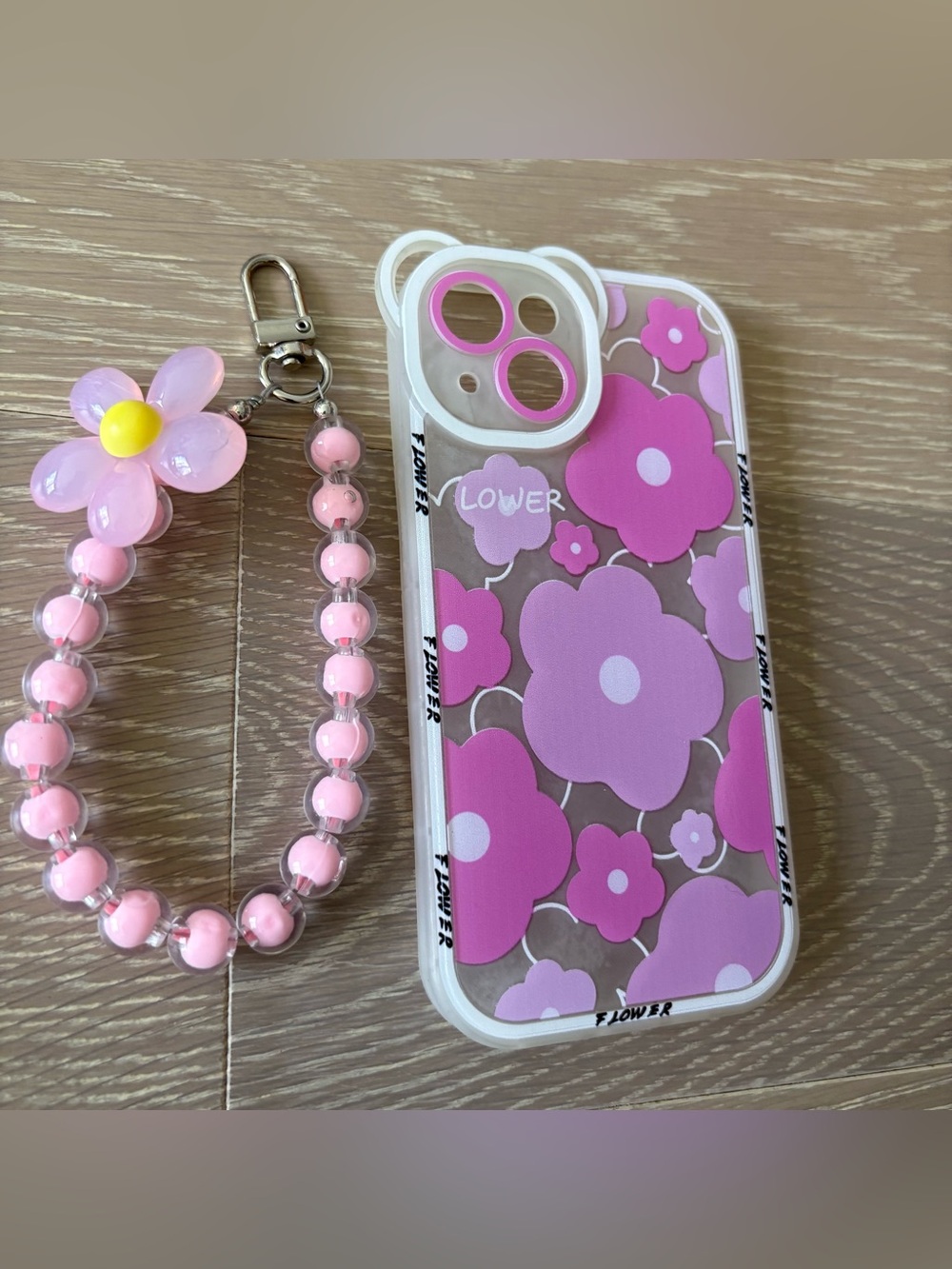 Flower Pink Floral iPhone 14 Phone Case and matching Beaded flower Strap